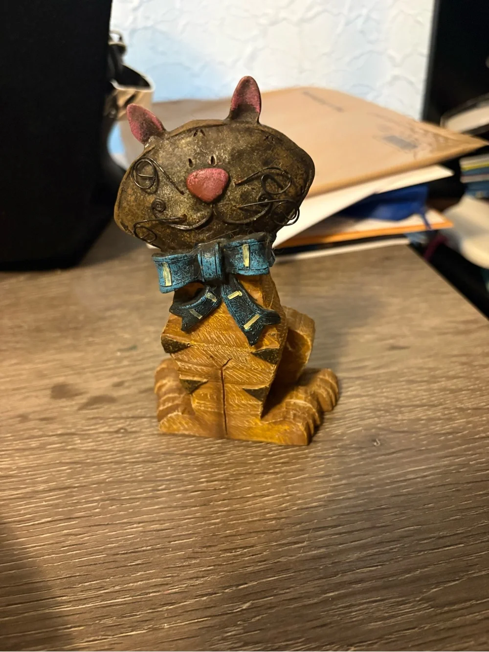Decorative Brown Cat Figurine with Blue Bow - Pet Home Accent